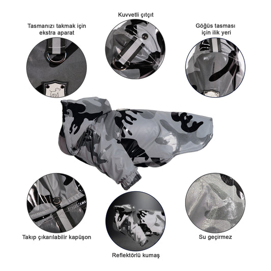 Kuccu Kuccu Reflektierende Hunderegenjacke mit Camouflage-Muster | Wasserdicht | S-XXL