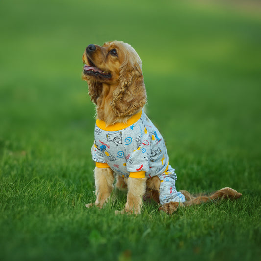 Kuccu Kuccu Gelber Hunde-Pyjama – Einteiliger Overall aus Sweatstoff | Größen S–XXL